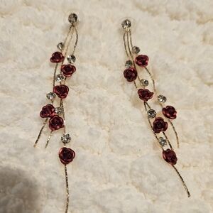 Beauty & The Beast Yellow Gold Drop Earrings With Red Roses And Diamond Accents